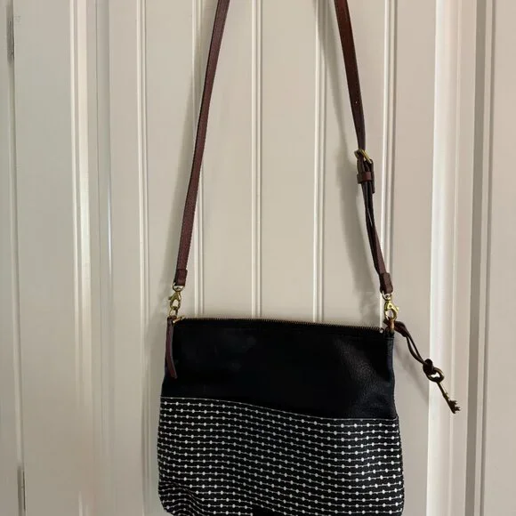 Fossil Black & White Fabric + Leather Crossbody Bag - Picture 2 of 4